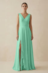 V - Neck A - Line Chiffon Ruffled Bridesmaid Dress in Turquoise - KissProm Bridesmaid Dresses