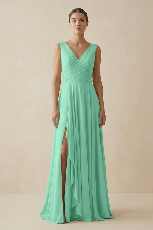 V - Neck A - Line Chiffon Ruffled Bridesmaid Dress in Turquoise - KissProm Bridesmaid Dresses