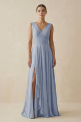 V - Neck A - Line Chiffon Ruffled Bridesmaid Dress in Twilight - KissProm Bridesmaid Dresses