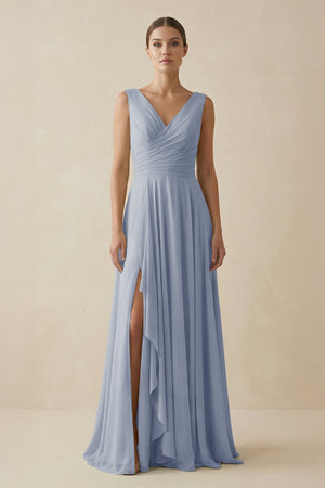 V - Neck A - Line Chiffon Ruffled Bridesmaid Dress in Twilight - KissProm Bridesmaid Dresses