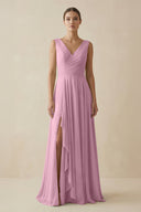 V - Neck A - Line Chiffon Ruffled Bridesmaid Dress in Vintage Mauve - KissProm Bridesmaid Dresses