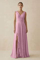 V - Neck A - Line Chiffon Ruffled Bridesmaid Dress in Vintage Mauve - KissProm Bridesmaid Dresses
