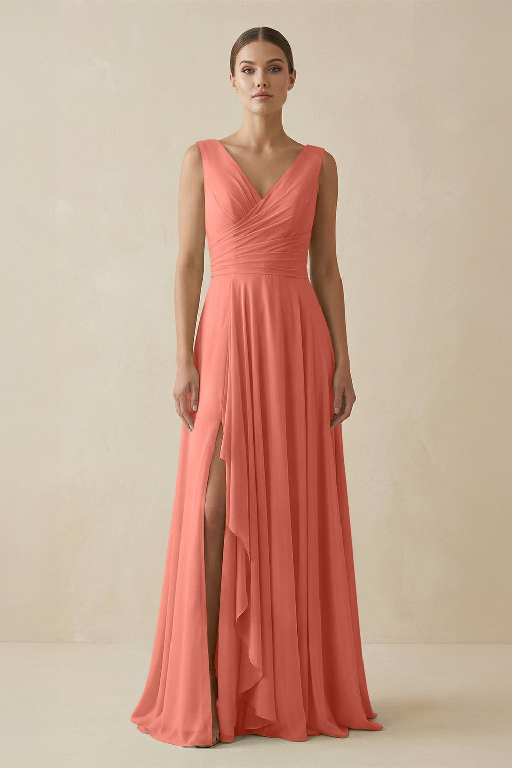 V - Neck A - Line Chiffon Ruffled Bridesmaid Dress in Wild Rose - KissProm Bridesmaid Dresses