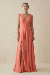 V - Neck A - Line Chiffon Ruffled Bridesmaid Dress in Wild Rose - KissProm Bridesmaid Dresses