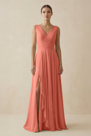 V - Neck A - Line Chiffon Ruffled Bridesmaid Dress in Wild Rose - KissProm Bridesmaid Dresses