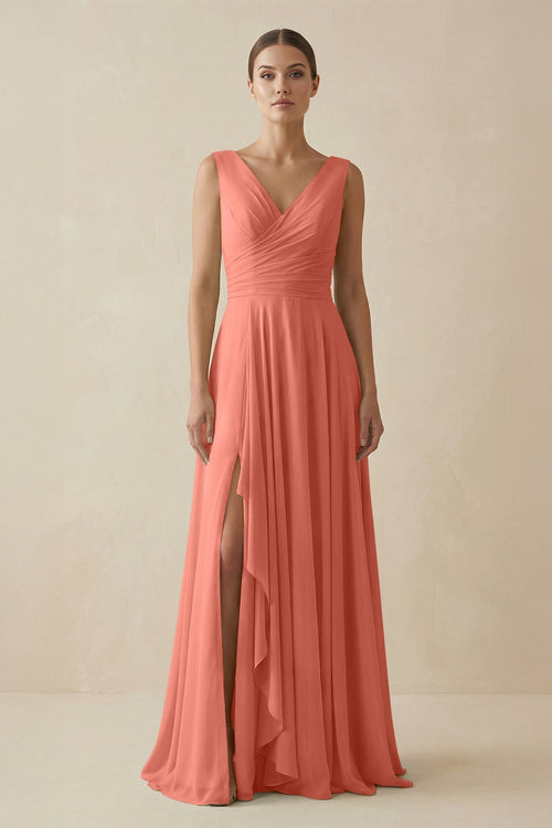 V - Neck A - Line Chiffon Ruffled Bridesmaid Dress in Wild Rose - KissProm Bridesmaid Dresses