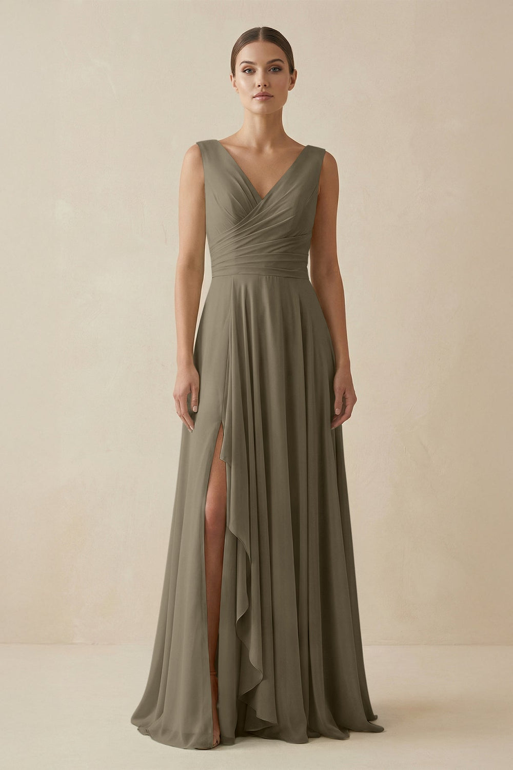V - Neck A - Line Chiffon Ruffled Bridesmaid Dress in Willow Green - KissProm Bridesmaid Dresses