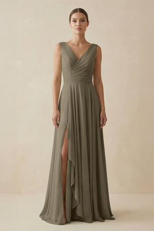V - Neck A - Line Chiffon Ruffled Bridesmaid Dress in Willow Green - KissProm Bridesmaid Dresses