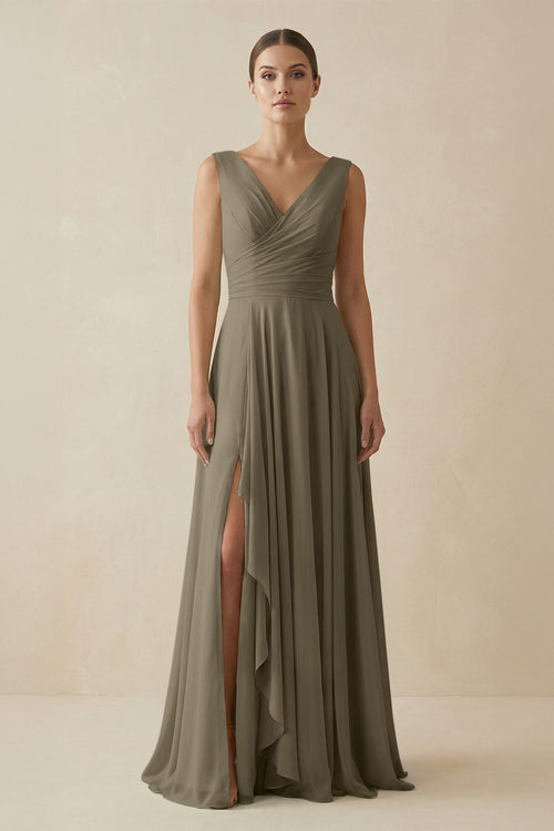 V - Neck A - Line Chiffon Ruffled Bridesmaid Dress in Willow Green - KissProm Bridesmaid Dresses