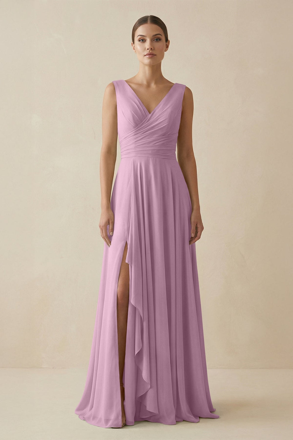 V - Neck A - Line Chiffon Ruffled Bridesmaid Dress in Wisteria - KissProm Bridesmaid Dresses