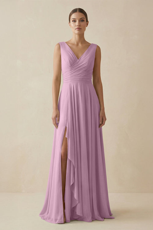 V - Neck A - Line Chiffon Ruffled Bridesmaid Dress in Wisteria - KissProm Bridesmaid Dresses
