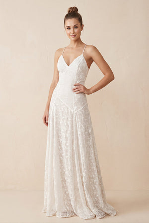 V - Neck A - Line Lace Appliqued Wedding Dress in White - KissProm Wedding Dresses