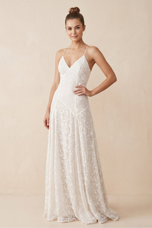 V - Neck A - Line Lace Appliqued Wedding Dress in White - KissProm Wedding Dresses