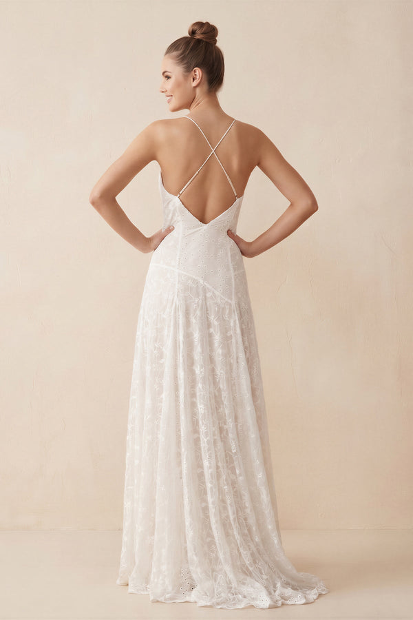 V - Neck A - Line Lace Appliqued Wedding Dress in White - KissProm Wedding Dresses