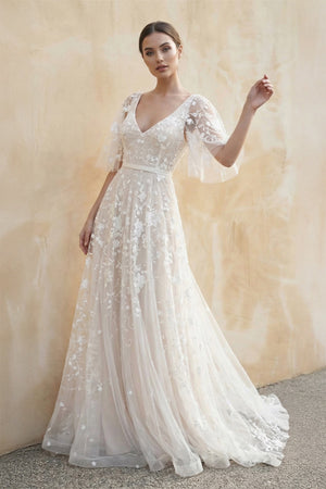 Romantic Ivory Flower Appliques Wedding Dress, Lace Long Bridal Dresses, Diamond White / 16 Romantic Ivory Flower Appliques Wedding Dress, Lace Long Bridal Dresses, Diamond White / 16