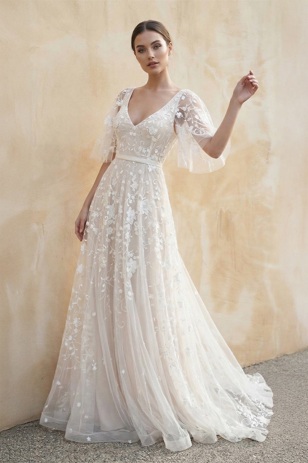 KissProm Romantic Ivory Lace Flower Appliques Wedding Dress, Diamond White / 16