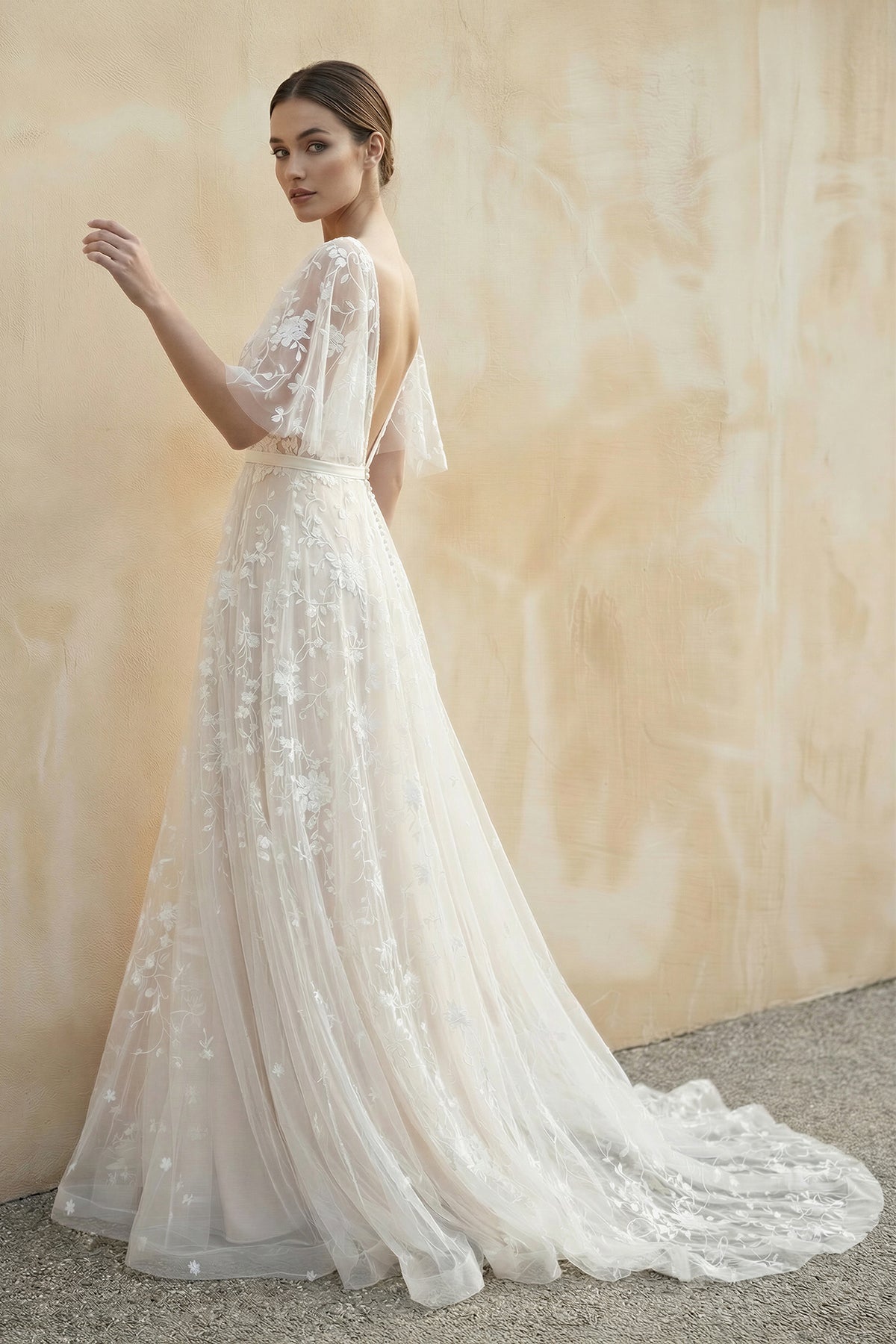 bridal dress ivory BABARONI Nude Lining Ivory Lace Halter Floor Length Dresses-Champagne, Champagne / US0