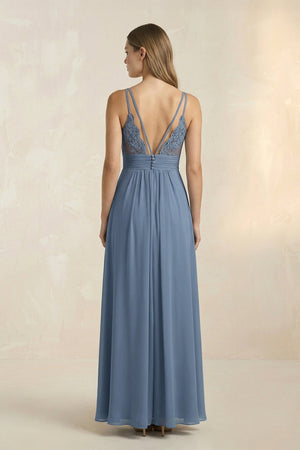 V-Neck A-Line Pleated Chiffon Bridesmaid Dress in Neptune - KissProm BRIDESMAID DRESSES