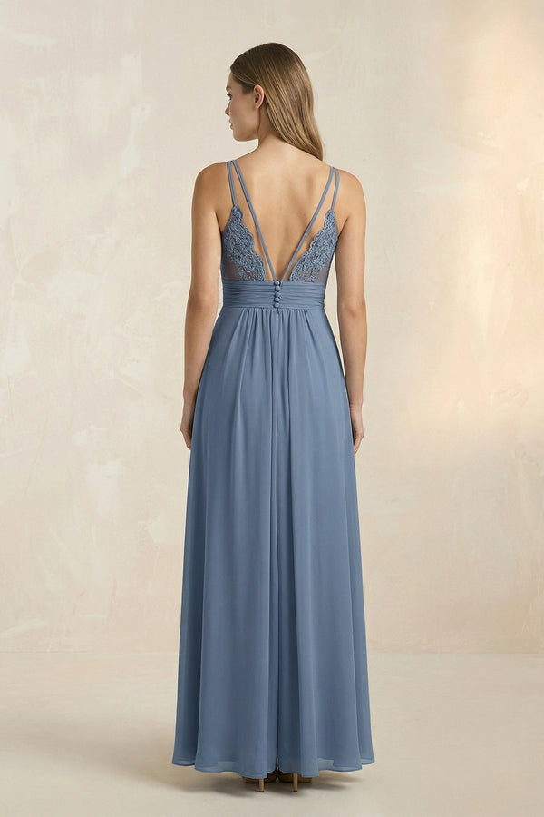 V-Neck A-Line Pleated Chiffon Bridesmaid Dress in Neptune - KissProm BRIDESMAID DRESSES