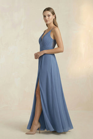 V-Neck A-Line Pleated Chiffon Bridesmaid Dress in Neptune - KissProm BRIDESMAID DRESSES