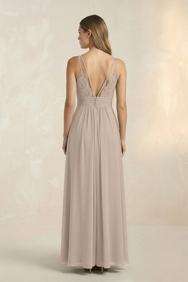 V - Neck A - Line Pleated Chiffon Bridesmaid Dress in Almond - KissProm Bridesmaid Dresses