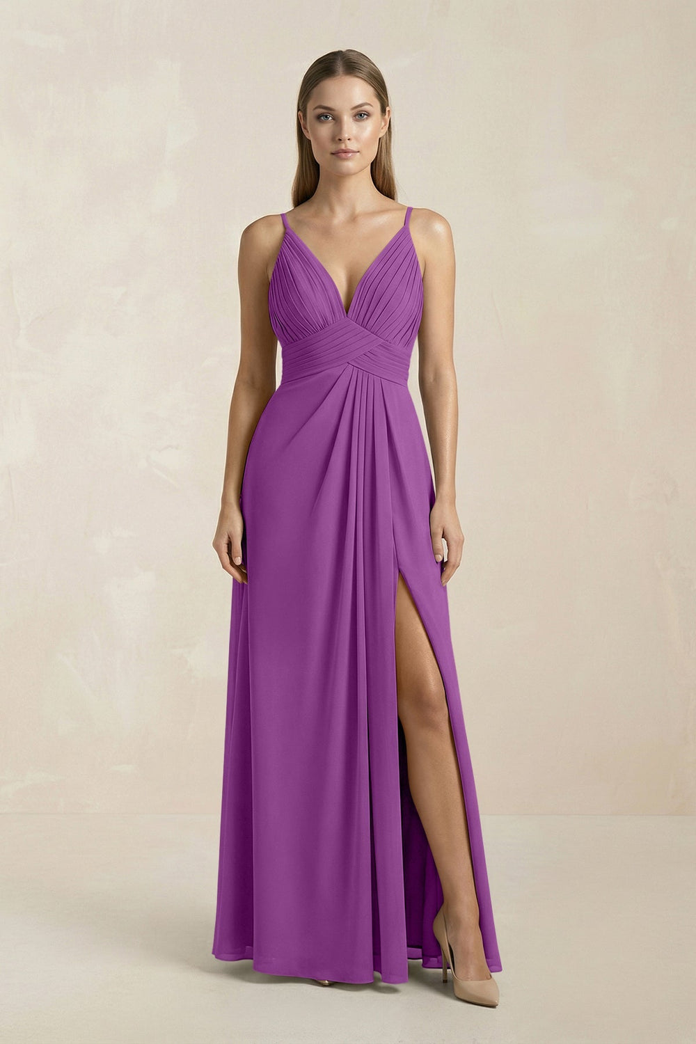 V - Neck A - Line Pleated Chiffon Bridesmaid Dress in Amethyst - KissProm Bridesmaid Dresses