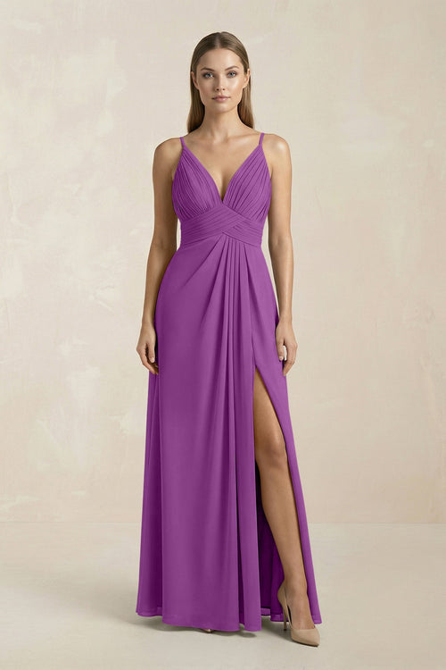 V - Neck A - Line Pleated Chiffon Bridesmaid Dress in Amethyst - KissProm Bridesmaid Dresses