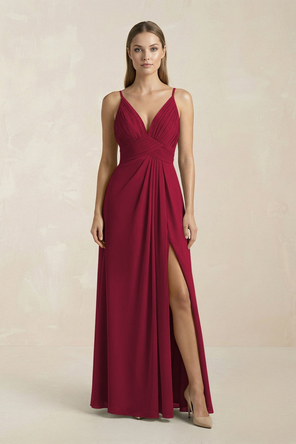 KissProm | V-Neck A-Line Chiffon Pleated Bridesmaid Dress in Berry KissProm | V-Neck A-Line Chiffon Pleated Bridesmaid Dress in Berry