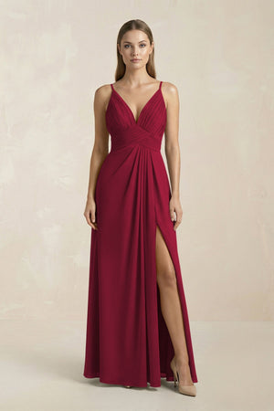V - Neck A - Line Pleated Chiffon Bridesmaid Dress in Berry - KissProm Bridesmaid Dresses
