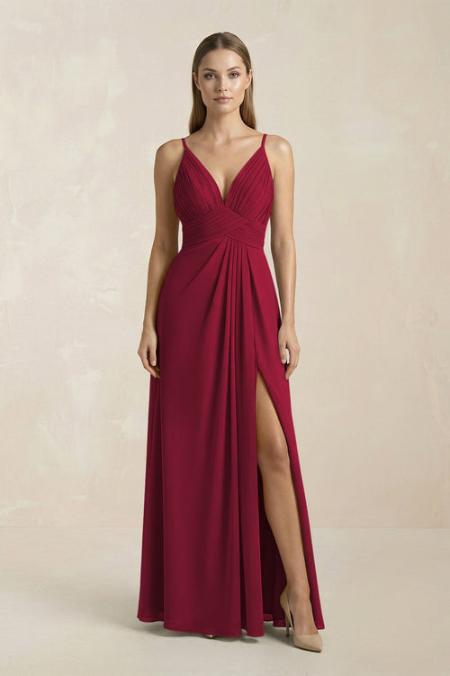 V - Neck A - Line Pleated Chiffon Bridesmaid Dress in Berry - KissProm Bridesmaid Dresses