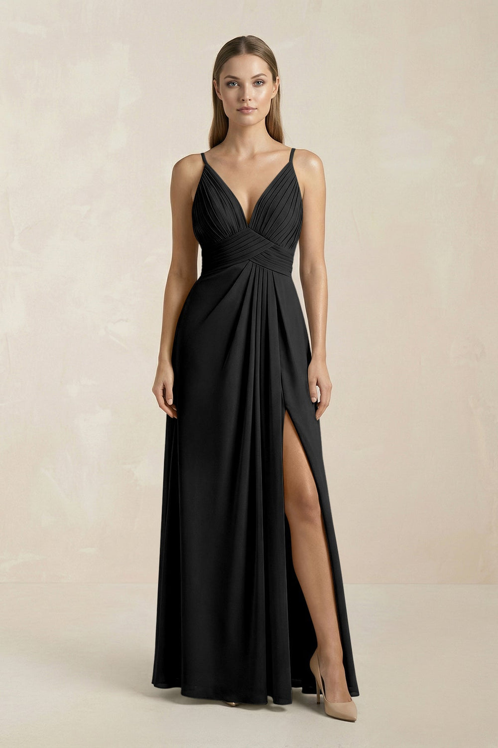 V - Neck A - Line Pleated Chiffon Bridesmaid Dress in Black - KissProm Bridesmaid Dresses