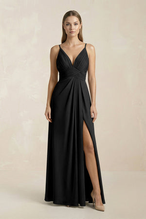 V - Neck A - Line Pleated Chiffon Bridesmaid Dress in Black - KissProm Bridesmaid Dresses