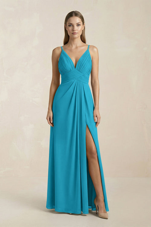 V - Neck A - Line Pleated Chiffon Bridesmaid Dress in Blue Jay - KissProm Bridesmaid Dresses