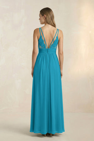 V - Neck A - Line Pleated Chiffon Bridesmaid Dress in Blue Jay - KissProm Bridesmaid Dresses