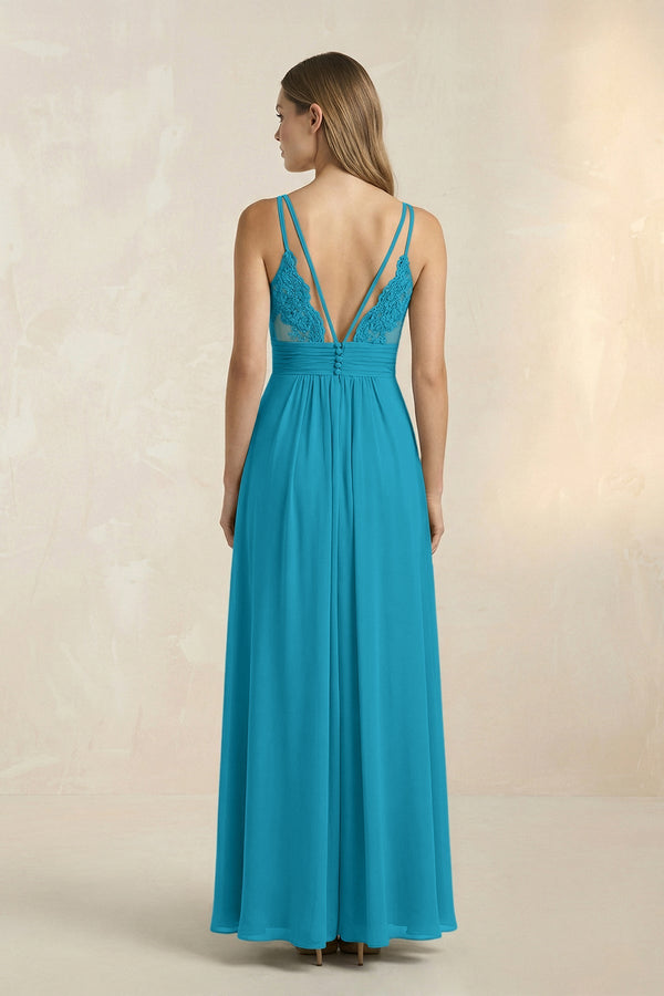 V - Neck A - Line Pleated Chiffon Bridesmaid Dress in Blue Jay - KissProm Bridesmaid Dresses