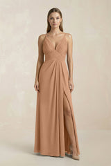 V - Neck A - Line Pleated Chiffon Bridesmaid Dress in Bronzer - KissProm Bridesmaid Dresses