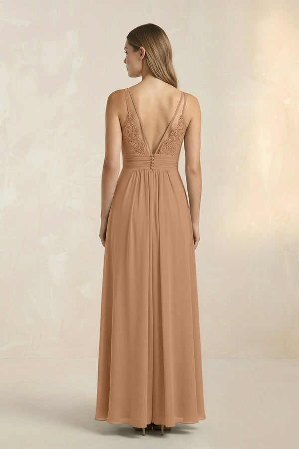 V - Neck A - Line Pleated Chiffon Bridesmaid Dress in Bronzer - KissProm Bridesmaid Dresses