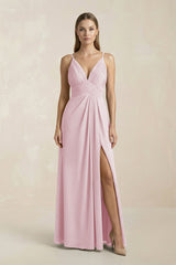 V - Neck A - Line Pleated Chiffon Bridesmaid Dress in Candy Pink - KissProm Bridesmaid Dresses