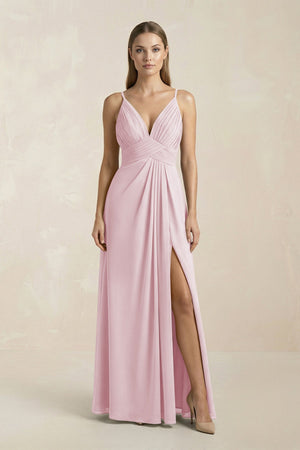 V - Neck A - Line Pleated Chiffon Bridesmaid Dress in Candy Pink - KissProm Bridesmaid Dresses