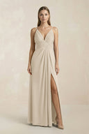 V - Neck A - Line Pleated Chiffon Bridesmaid Dress in Champagne - KissProm Bridesmaid Dresses
