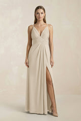 V - Neck A - Line Pleated Chiffon Bridesmaid Dress in Champagne - KissProm Bridesmaid Dresses