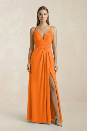 V - Neck A - Line Pleated Chiffon Bridesmaid Dress in Cinnamon - KissProm Bridesmaid Dresses