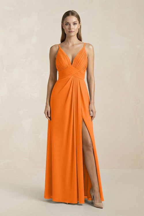 V - Neck A - Line Pleated Chiffon Bridesmaid Dress in Cinnamon - KissProm Bridesmaid Dresses