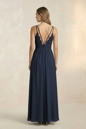 V - Neck A - Line Pleated Chiffon Bridesmaid Dress in Dark Navy - KissProm Bridesmaid Dresses