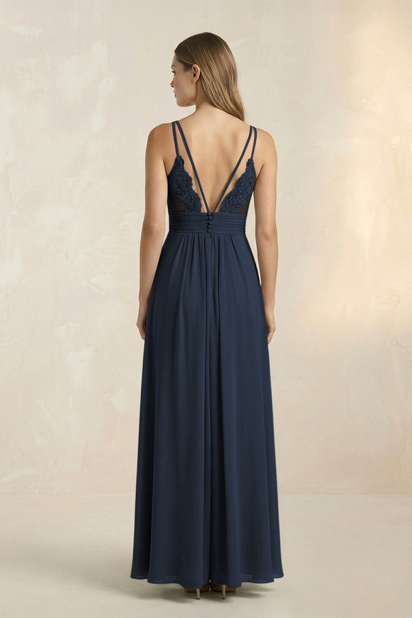 V - Neck A - Line Pleated Chiffon Bridesmaid Dress in Dark Navy - KissProm Bridesmaid Dresses