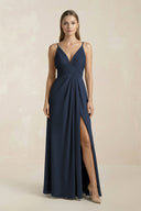 V - Neck A - Line Pleated Chiffon Bridesmaid Dress in Dark Navy - KissProm Bridesmaid Dresses