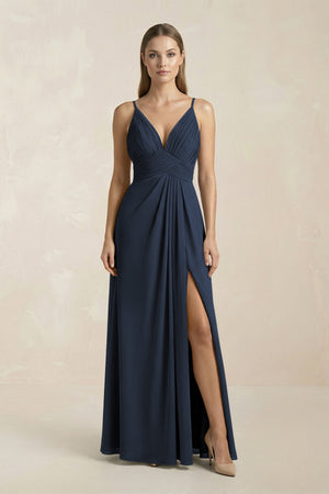 V - Neck A - Line Pleated Chiffon Bridesmaid Dress in Dark Navy - KissProm Bridesmaid Dresses