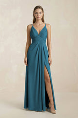 V - Neck A - Line Pleated Chiffon Bridesmaid Dress in Dark Teal - KissProm Bridesmaid Dresses
