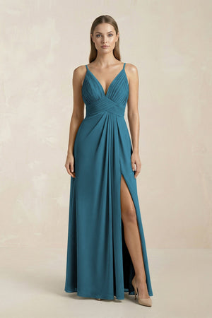 V - Neck A - Line Pleated Chiffon Bridesmaid Dress in Dark Teal - KissProm Bridesmaid Dresses