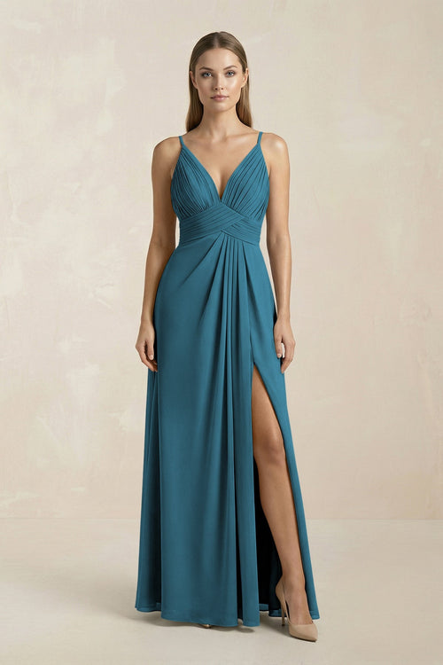 V - Neck A - Line Pleated Chiffon Bridesmaid Dress in Dark Teal - KissProm Bridesmaid Dresses